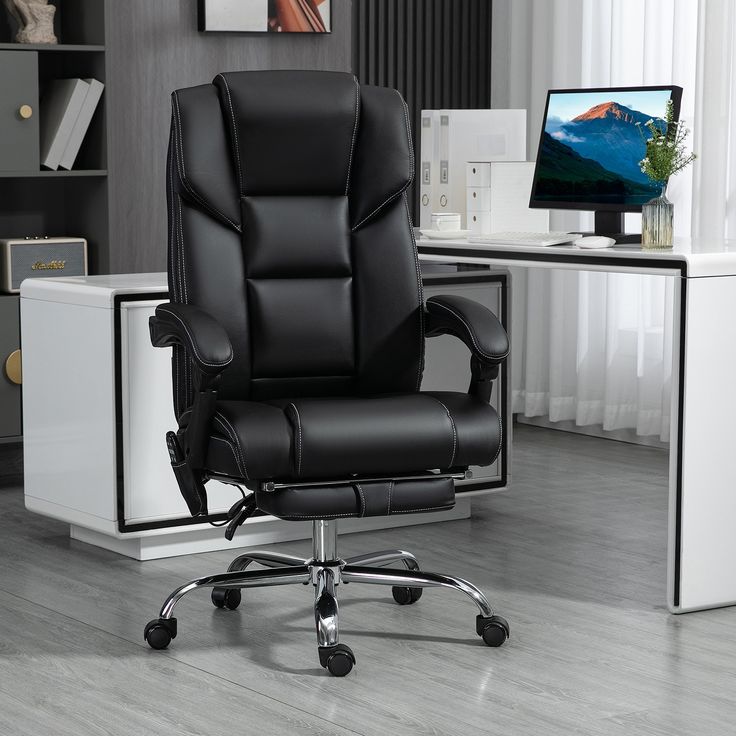 Office Massage Chair with Swivel, Footrest and Lumbar Support - Black