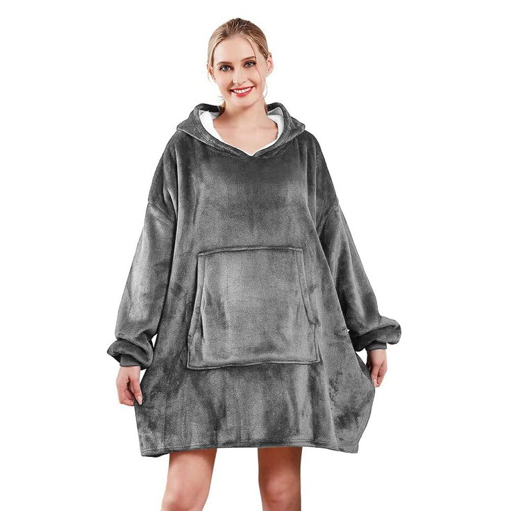 Oversized grey womens Fleece Hoodie Blanket Giant Wearable Adults plush sherpa pjamas