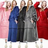 Oversized grey womens Fleece Hoodie Blanket Giant Wearable Adults plush sherpa pjamas