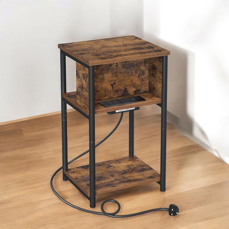 Slim Side Table with Charging Station Bedside Table with 2 AC Outlets