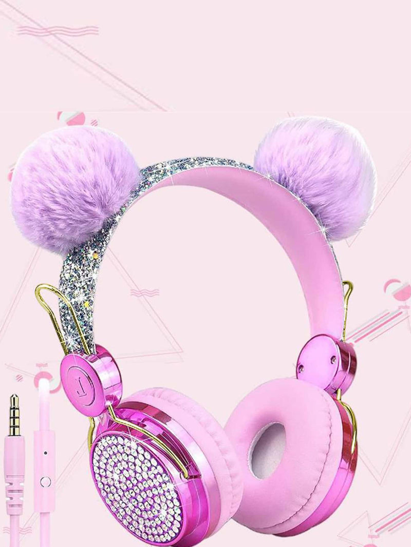 Kids Ear Design Rhinestone Decor  Wired Headset