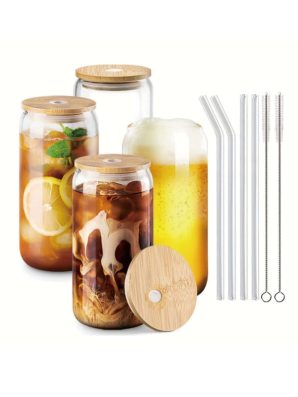 1pc/4pcs 400ml/500ml Transparent Glass Cup With Lid And Straw